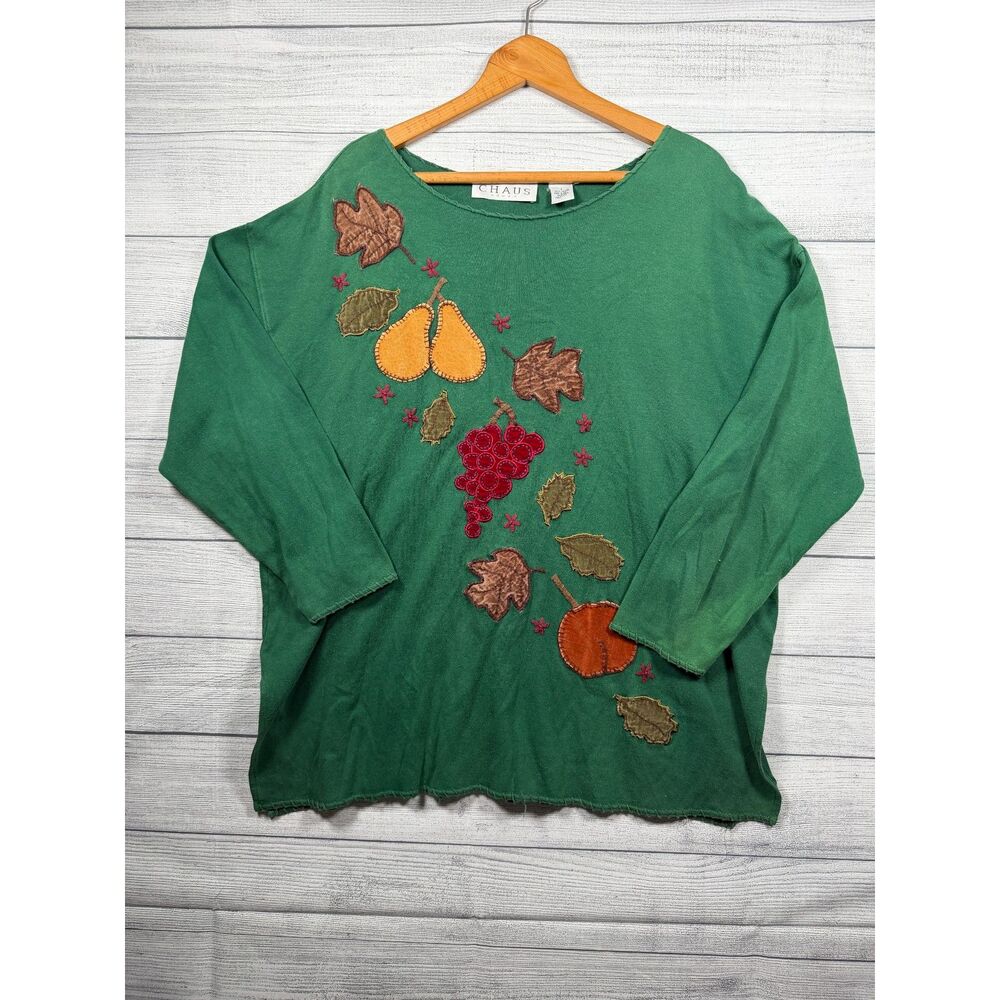 Chaus Woman 2X Green Cotton Fall Fruit Applique Long Sleeve Top 4403